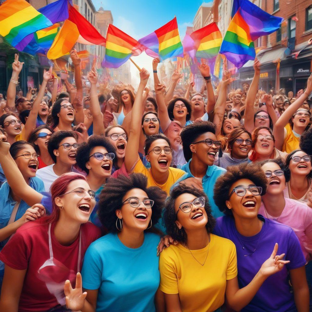 A vibrant and dynamic scene depicting a diverse group of individuals passionately blogging and advocating for LGBTQ+ rights, surrounded by colorful banners representing inclusivity. Include symbols of love and equality, as well as a digital backdrop showcasing social media platforms. This image should convey a sense of community, empowerment, and change in a lively urban environment. vivid colors. digital art. inspirational atmosphere.