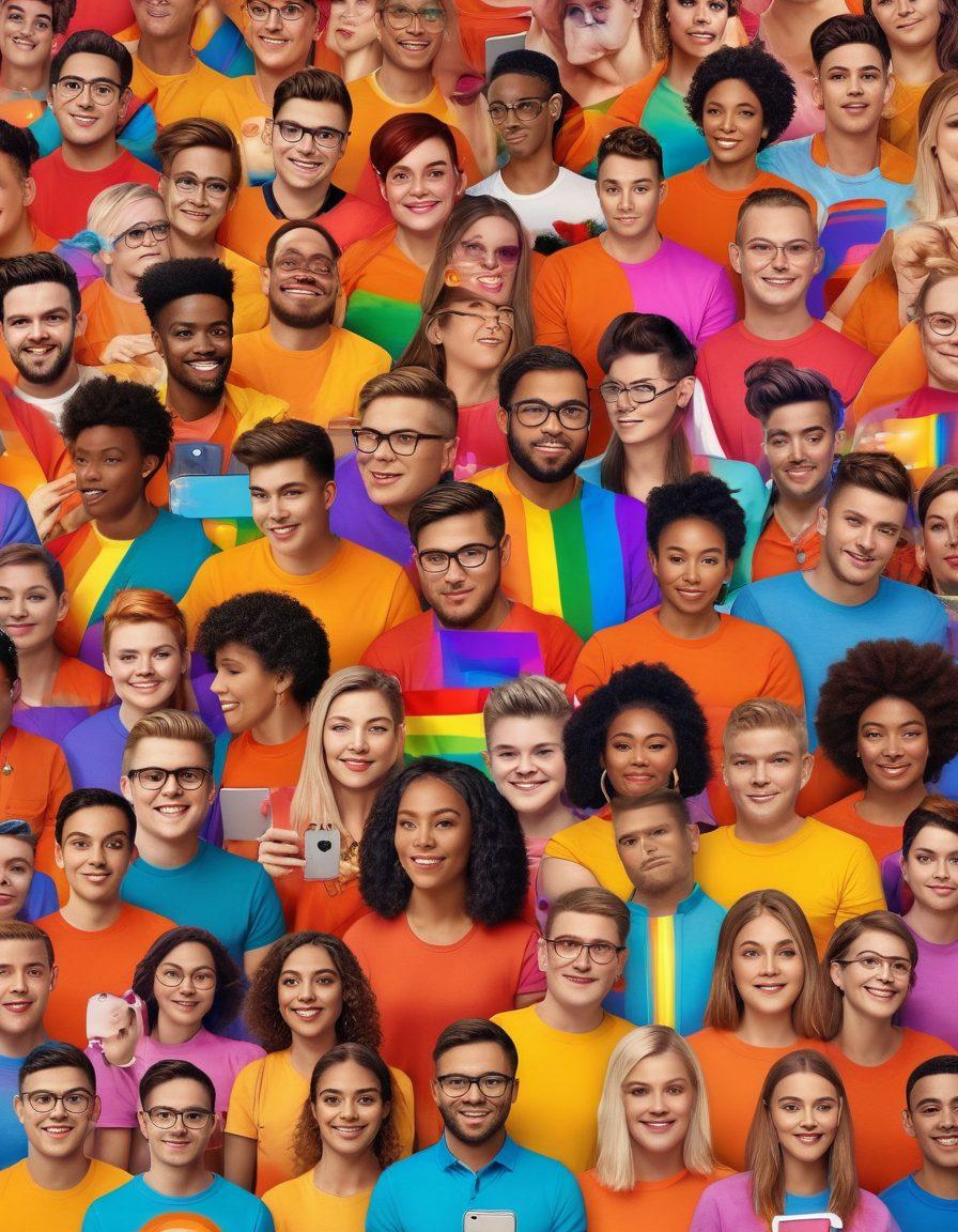 A vibrant digital collage showcasing a diverse group of people engaging with various forms of gay media on their devices, surrounded by colorful interactive icons representing online communities. The background features elements of pride flags, social media platforms, and digital art, symbolizing connection and inclusivity. Bright, dynamic colors to evoke excitement and engagement. super-realistic. vibrant colors. 3D.