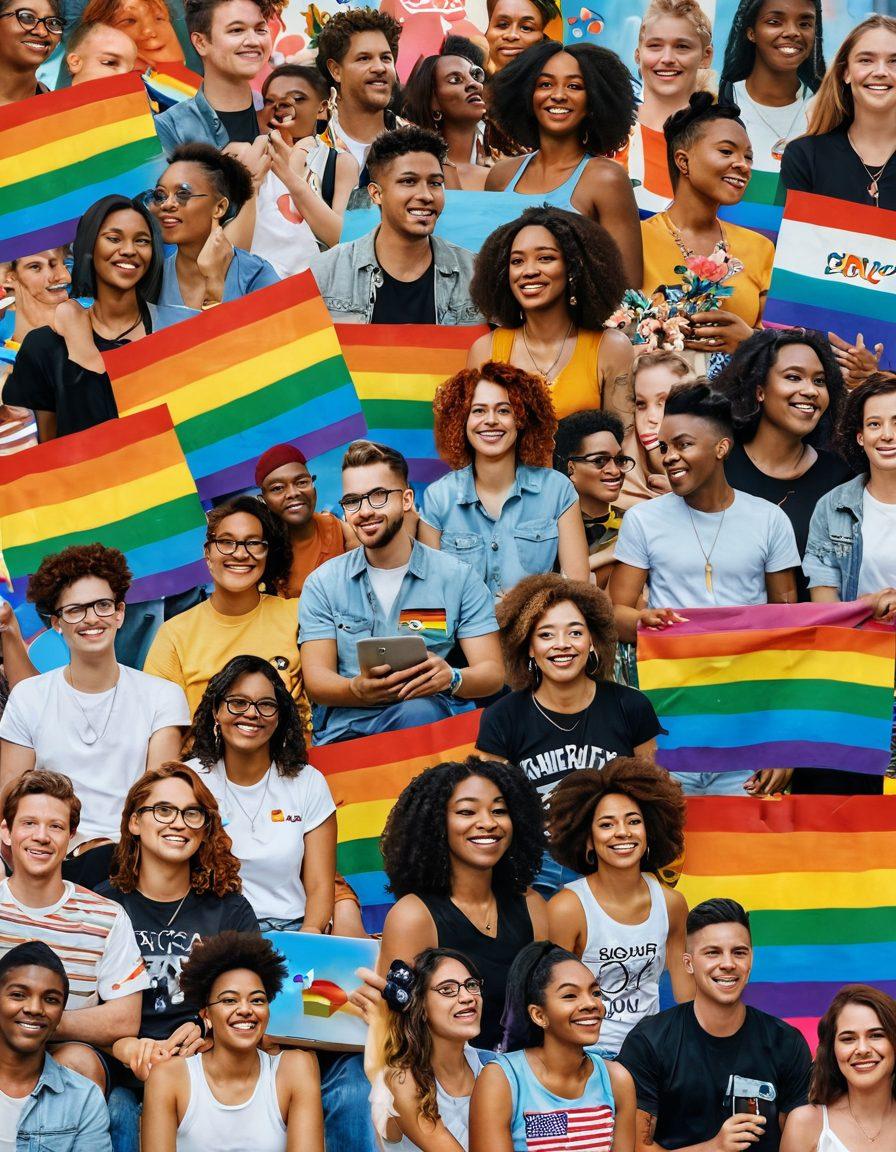 A vibrant collage illustrating the LGBTQ+ community, featuring diverse individuals from all walks of life, showcasing pride flags, colorful accessories, and symbols of love and acceptance. The backdrop is a lively urban scene, rich with murals and street art that celebrate diversity. Elements like a laptop with open blogs, flowers, and rainbow elements symbolize connection and storytelling. The atmosphere is joyful and energetic, inviting inclusivity and celebration. super-realistic. vibrant colors. dynamic composition.